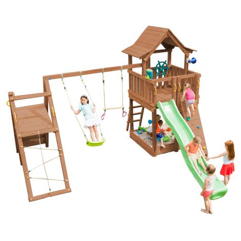 Spatiu De Joaca copii din lemn Pagoda cu modul catarator si 2 leagane Challenger Blue Rabbit 2.0 - imagine 5